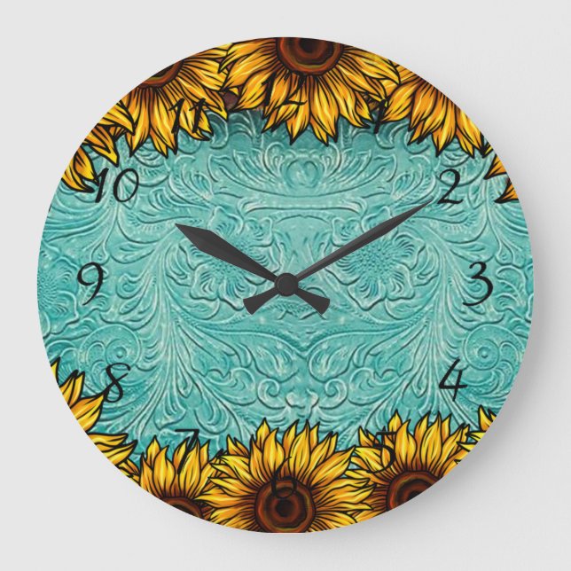 Türkisblaue Ledermotive Sonnenblumen Große Wanduhr (Vorderseite)