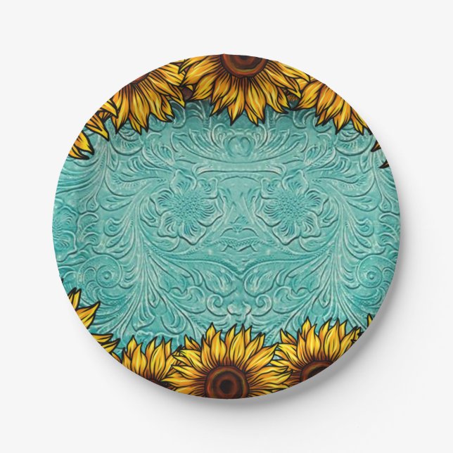 Türkisblaue Ledermotive Sonnenblumen Pappteller (Vorderseite)