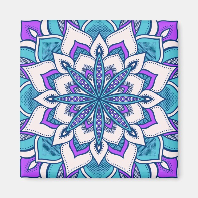 Türkisblaue Lila Blume Mandala Magnet (Vorne)
