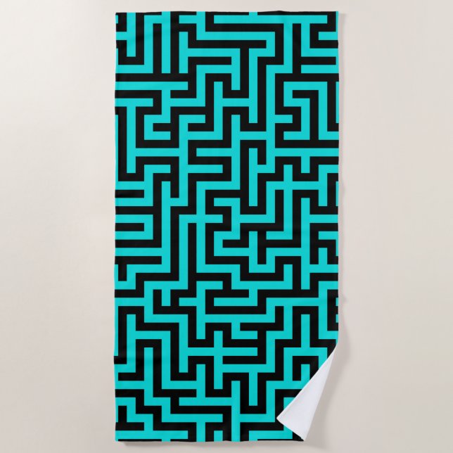 Türkisblaue Maze Lines Strandtuch (Vorderseite)