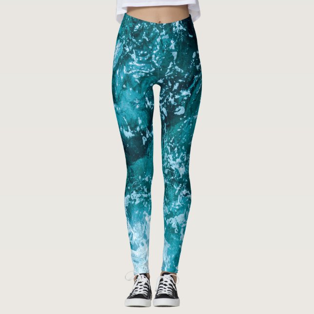 Türkisblaue Meereswellen Muster Leggings (Vorderseite)