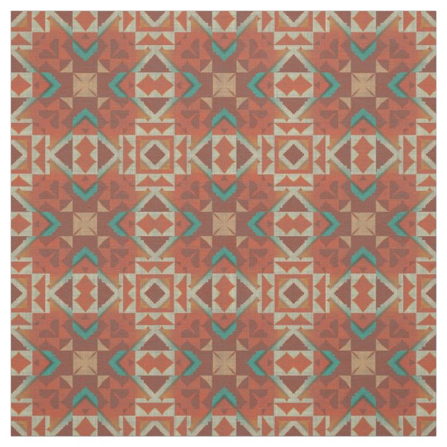 Türkisblaue Orange Aztec Mosaikmuster Stoff (Muster)