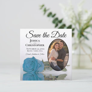 Türkisblaue Rose auf weißem Oval Foto Hochzeit Save The Date