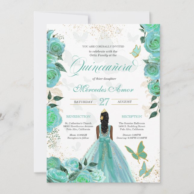 Türkisblaue Rose Butterfly Quinceanera Einladung (Vorderseite)