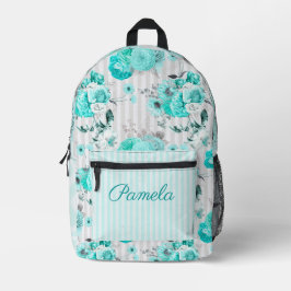 Türkisblaue Rose, graue Streifen und Monogramm Bedruckter Rucksack