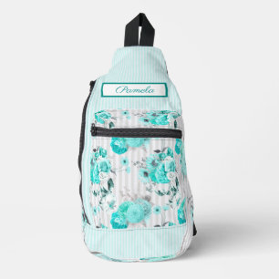 Türkisblaue Rose, graue Streifen und Monogramm Crossbody Bag