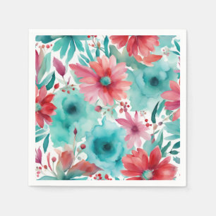 Türkisblaue Rote Wasserfarbe Frühlingsblumen Serviette