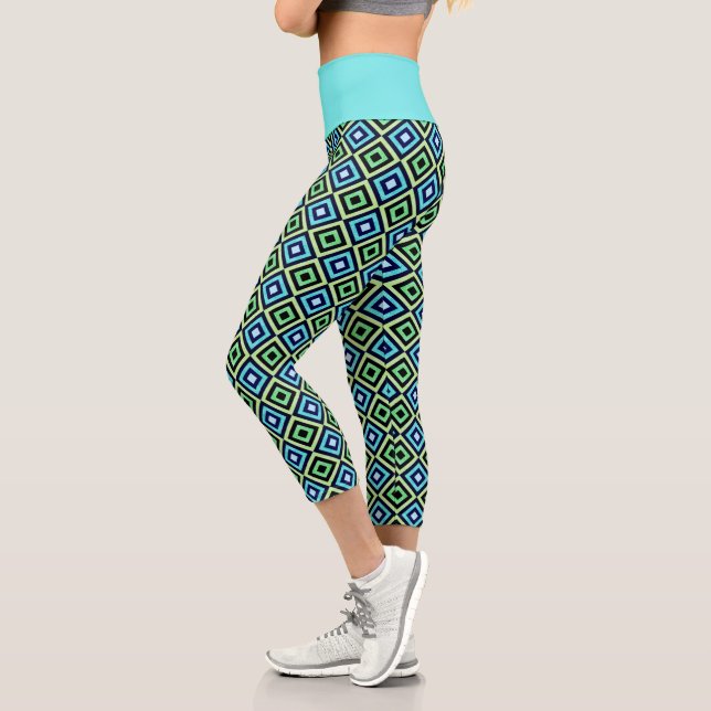 Türkisblaue Schwarz-Diamant-Muster Sportarten Capri Leggings (Links)
