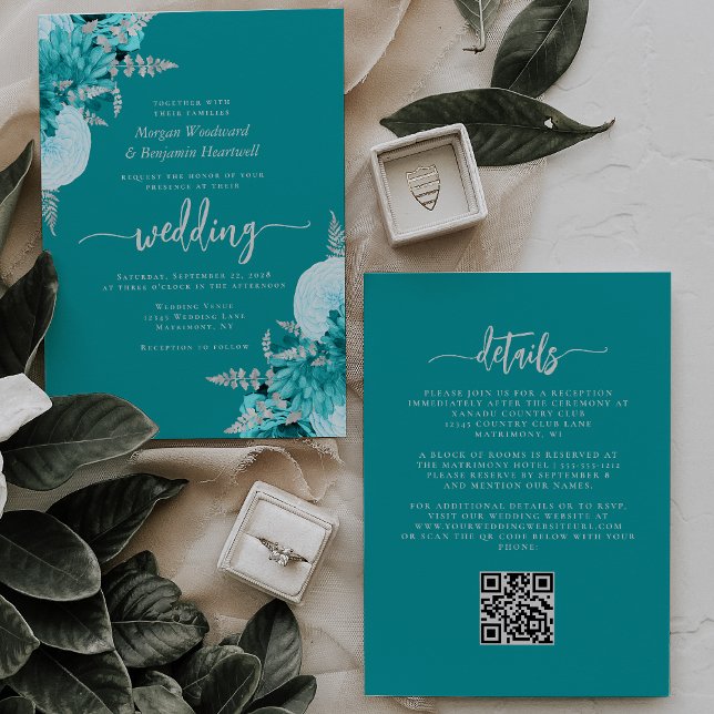 Türkisblaue Silver Floral QR Code Hochzeit Einladung (Von Creator hochgeladen)