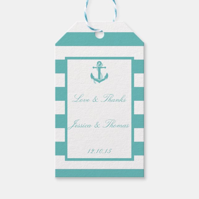 Türkisblaue Stripe Anchor Hochzeitsmarken Geschenkanhänger (Vorderseite)
