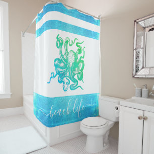 Türkisblaue Tintenfisch-Strandlebensschrift Duschvorhang