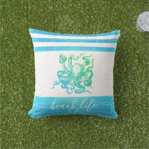 Türkisblaue Tintenfisch-Strandlebensschrift Kissen