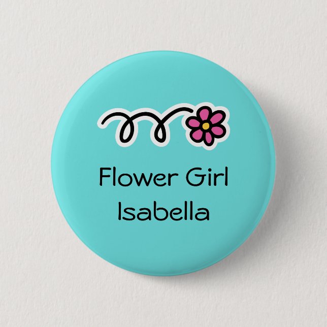 Türkisblaue und rosa Blumenmädchen-Anstecker Button (Vorderseite)