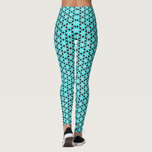 Türkisblaue und schwarze Blumenmuster Leggings (Rückseite)