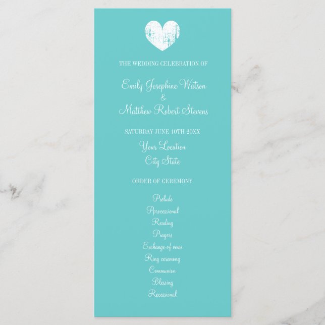 Türkisblaue und weiße Hochzeitsfeier Programm (Vorderseite)