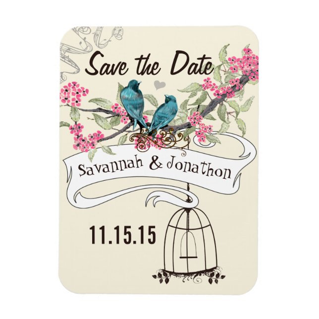 Türkisblaue Vögel Rosa Kirschblossom Save the Date Magnet (Vertikal)