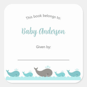 Türkisblaue Wale Kinder Buchzeichen Quadratischer Aufkleber