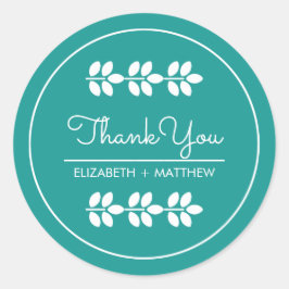 Türkisblaue weiße Blätter Hochzeit Danke Runder Aufkleber