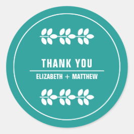 Türkisblaue weiße Blätter Hochzeit Danke Runder Aufkleber