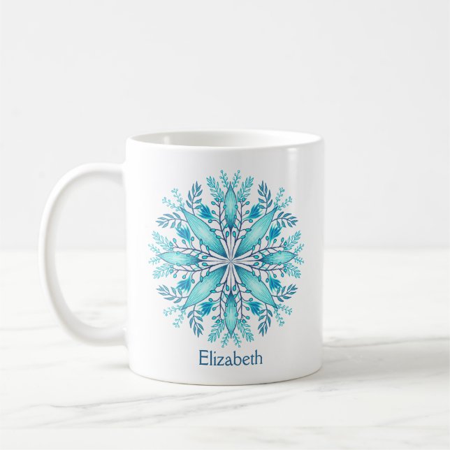 Türkisblaue Winterschneeflocke Blume Name Kaffeetasse (Links)