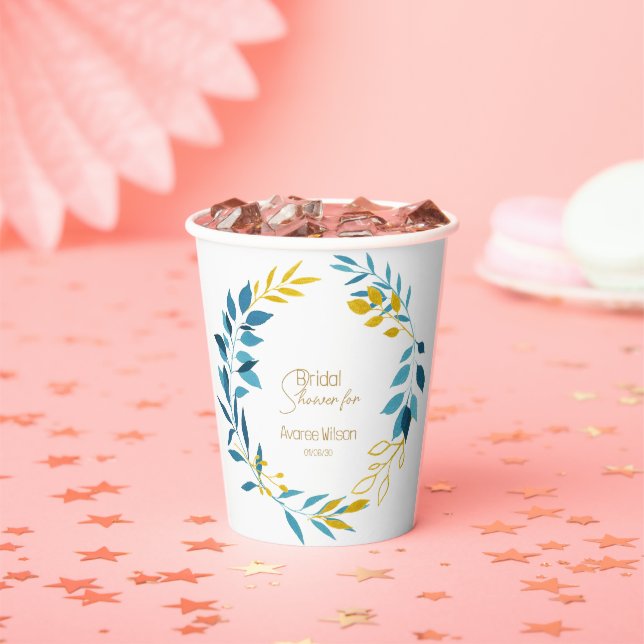 Türkisblauer und goldener Teller Pappbecher (Insitu)