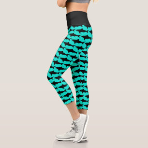 Türkisblaues Haifischmuster mit hoher Taillenhöhe Capri Leggings