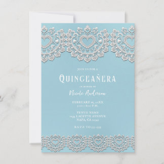 Türkisblaues Spitzenherz Quinceañera Party Einladung