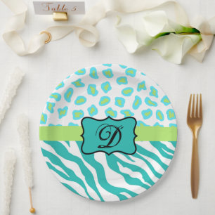 Türkisblaues Weißes Zebra Leopard-Monogramm Pappteller