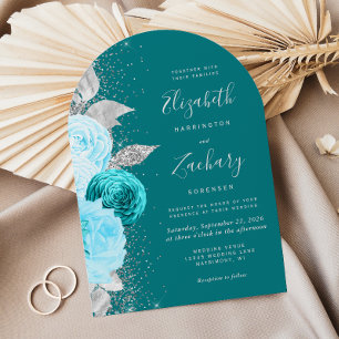 Türkisblume Hochzeit mit Silbermond-Glitzer Einladung