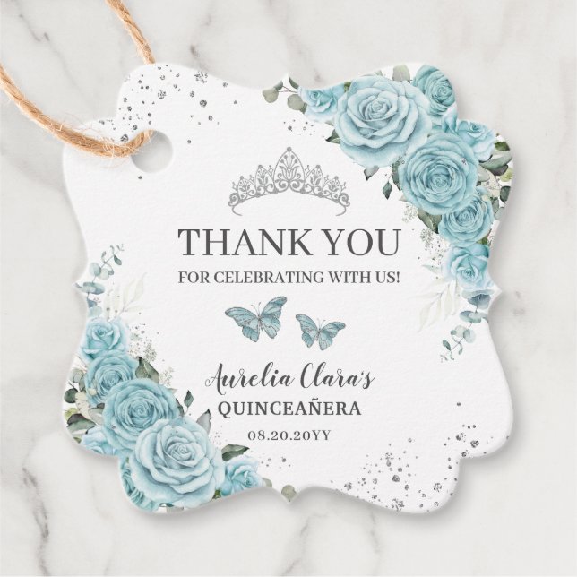 Türkisblume Quinceanera Süße 16 Schmetterlinge Geschenkanhänger (Vorderseite)