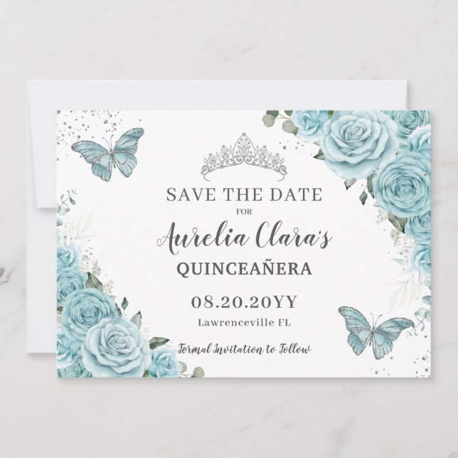 Türkisblume Quinceanera Süße 16 Schmetterlinge Save The Date (Vorderseite)