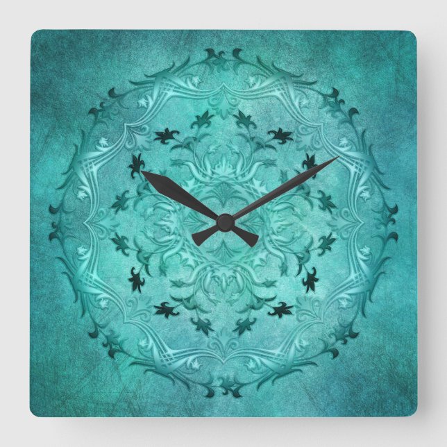 Türkisblütengrunge mandala quadratische wanduhr (Vorderseite)