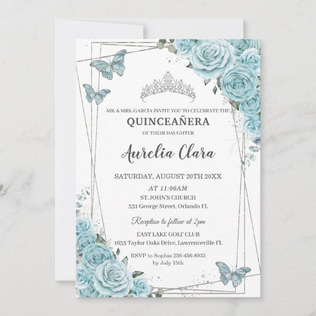 Türkisblütenschmetterlinge Silver Quinceañera Einladung (Vorderseite)