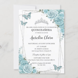 Türkisblütenschmetterlinge Silver Quinceañera Einladung