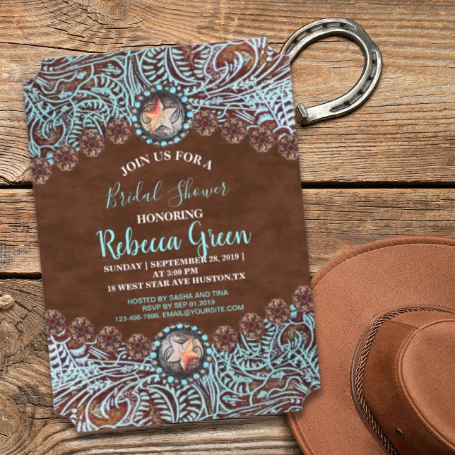 Türkisbraun Cowboy Western Brautparty Einladung (turquoise brown cowboy western bridal shower invitation)
