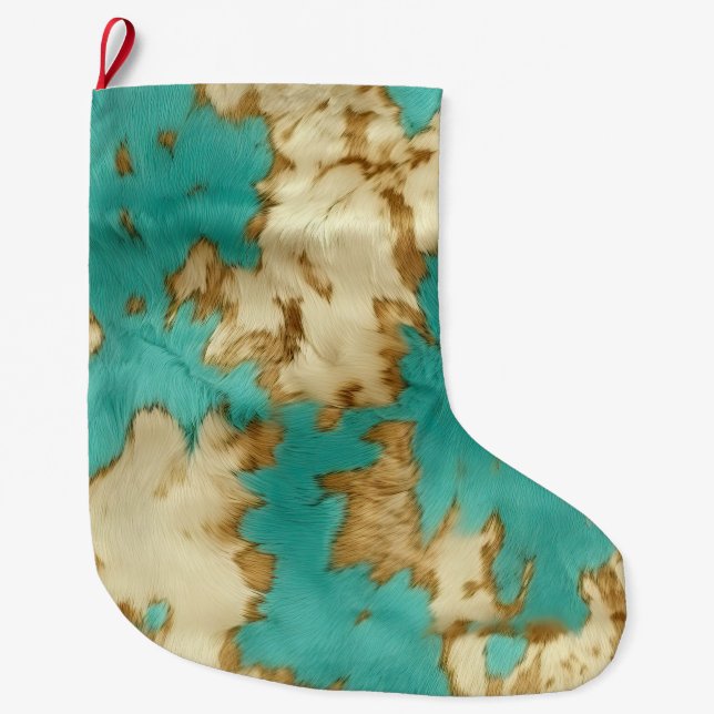 Türkisbraun Creme Animal Cowhide Western Großer Weihnachtsstrumpf (Vorderseite)