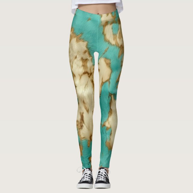 Türkisbraun Creme Animal Cowhide Western Leggings (Vorderseite)