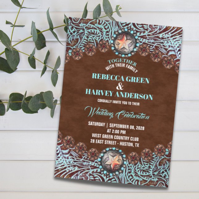 Türkisbraun-Leder Western Hochzeit Einladung (turquoise brown leather country western wedding invitation)