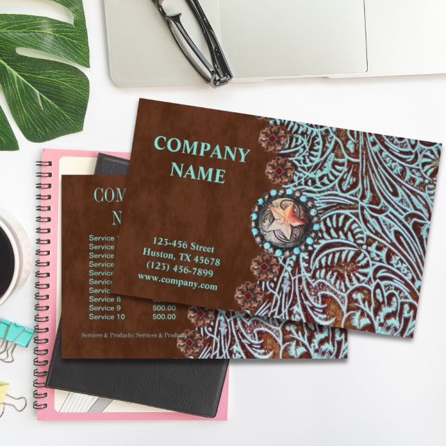 Türkisbraun Western aus geschliffenem Glattleder Flyer (turquoise brown western country tooled leather flyer)