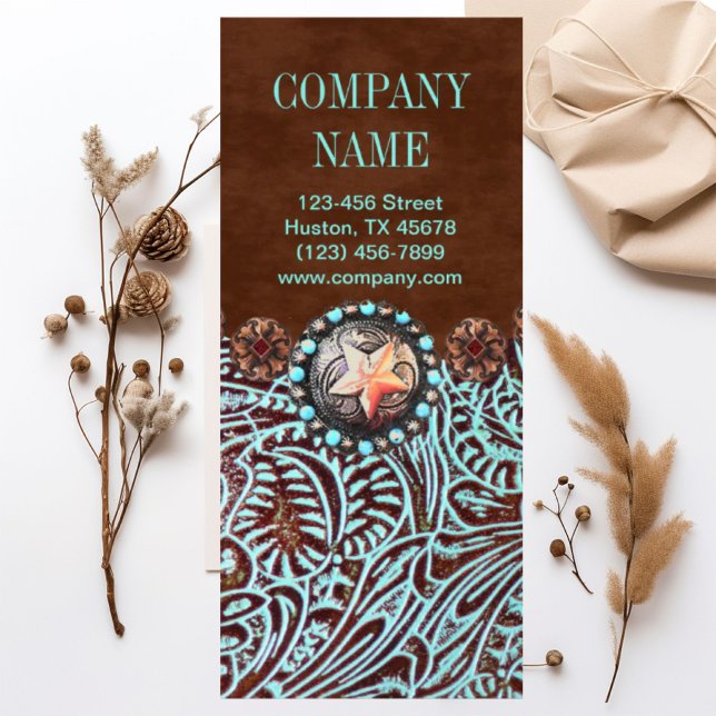 Türkisbraun Western aus geschliffenem Glattleder Werbekarte (turquoise brown western country tooled leather rack card)