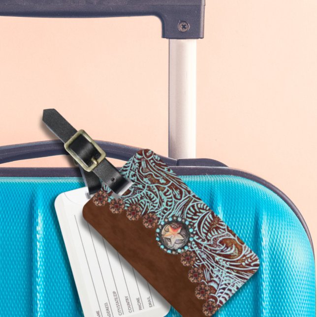 Türkisbraun Western aus lackiertem Leder Gepäckanhänger (brown turquoise western country tooled leather luggage tag)