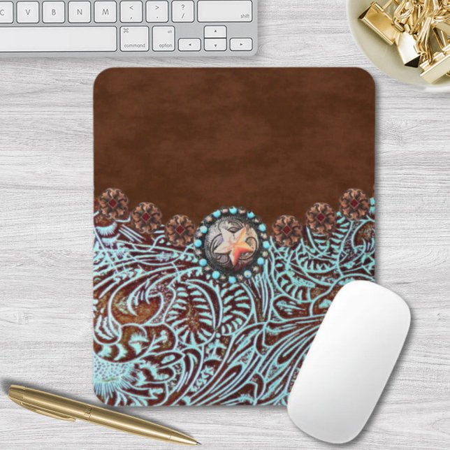 Türkisbraun Western aus lackiertem Leder Mousepad (brown turquoise western country tooled leather mouse pad)