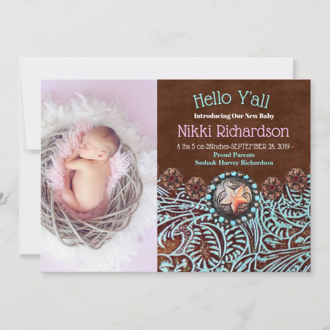 Türkisbraun Western Geburtsankündigung Ankündigung (Vorderseite)