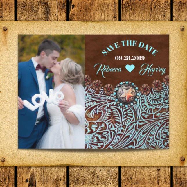 Türkisbraun Western Hochzeit speichern das Datum Ankündigungspostkarte (turquoise brown western wedding save the date announcement postcard)