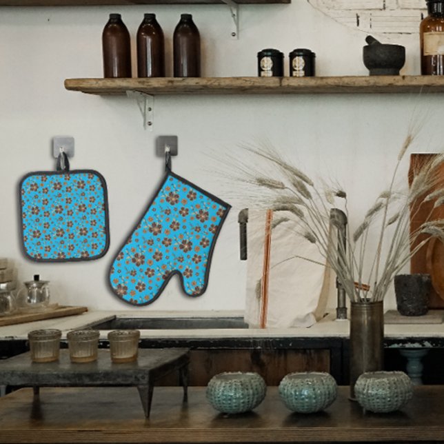 Türkisbraune natürliche Blume Ofenhandschuh & Topflappen-Set (Von Creator hochgeladen)