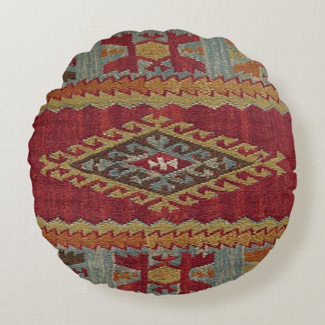 Türkisch Kilim Tepet Rug Rundes Kissen (Vorderseite)