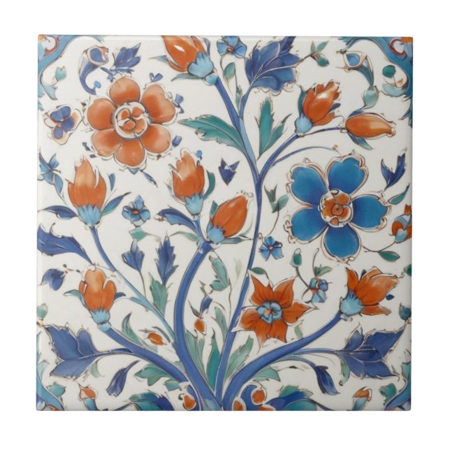 Türkisch-Osmanische Vintage Blumen Blau & Rot Blum Fliese (Vorderseite)