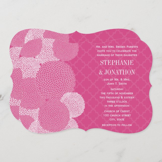 Türkisch Rosa Rose Floral Chrysanthemum Hochzeit Einladung (Vorne/Hinten)