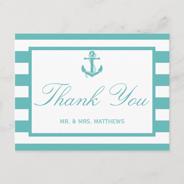 Türkisch-türkisfarbene Stripe Anchor Hochzeit Postkarte (Vorderseite)