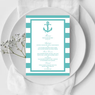 Türkisch-türkisfarbene Stripe Anchor Wedding Menu Menükarte
